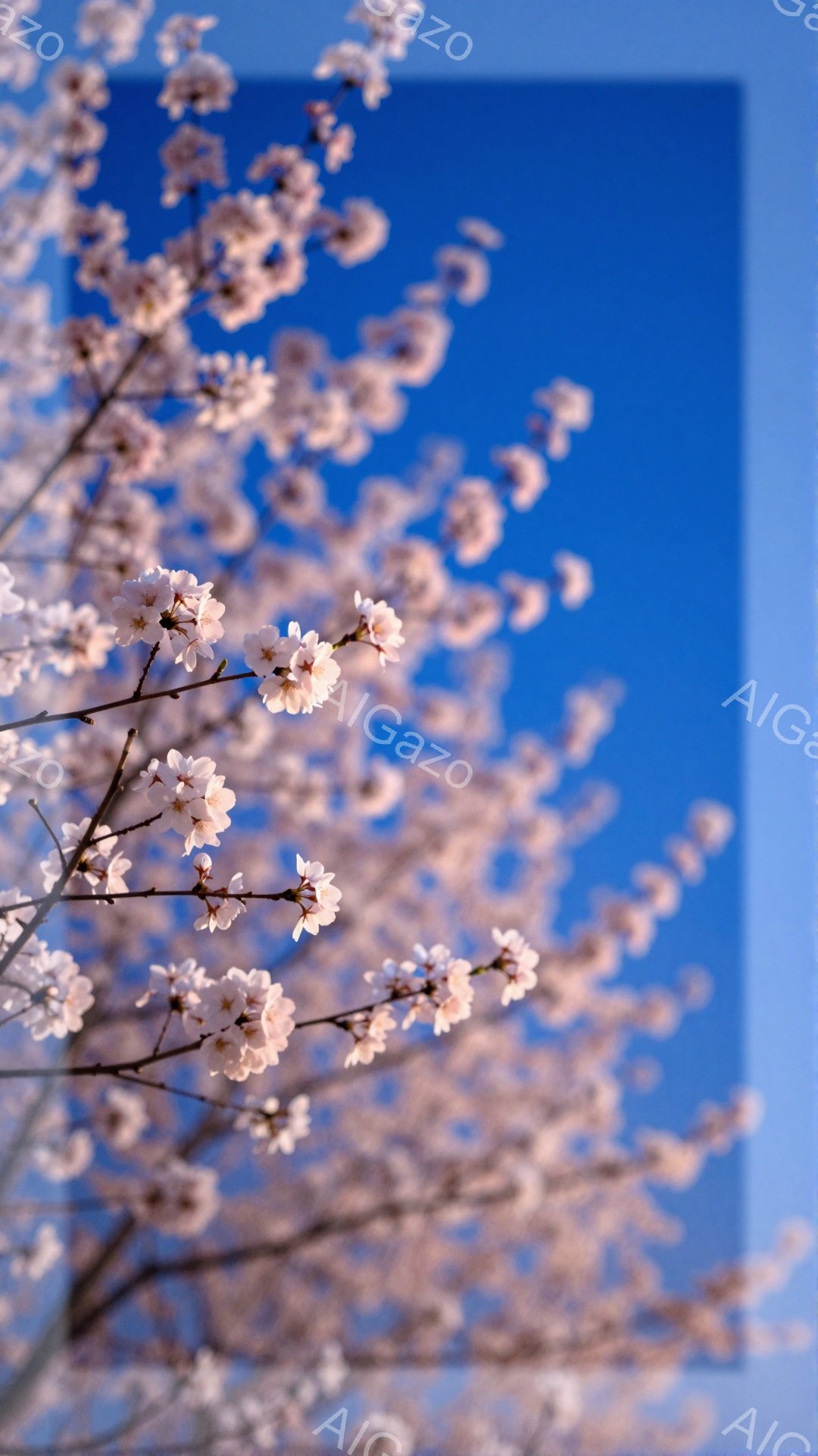 鮮やかな青空を背景に、桜の花が咲き乱れる様子が捉えられています。淡いピンク色の花びらが密集し、春の暖かさと生命力を感じさせます。全体的に明るく、穏やかな雰囲気が漂い、見る人の心を安らげます。 - AI生成フリー素材