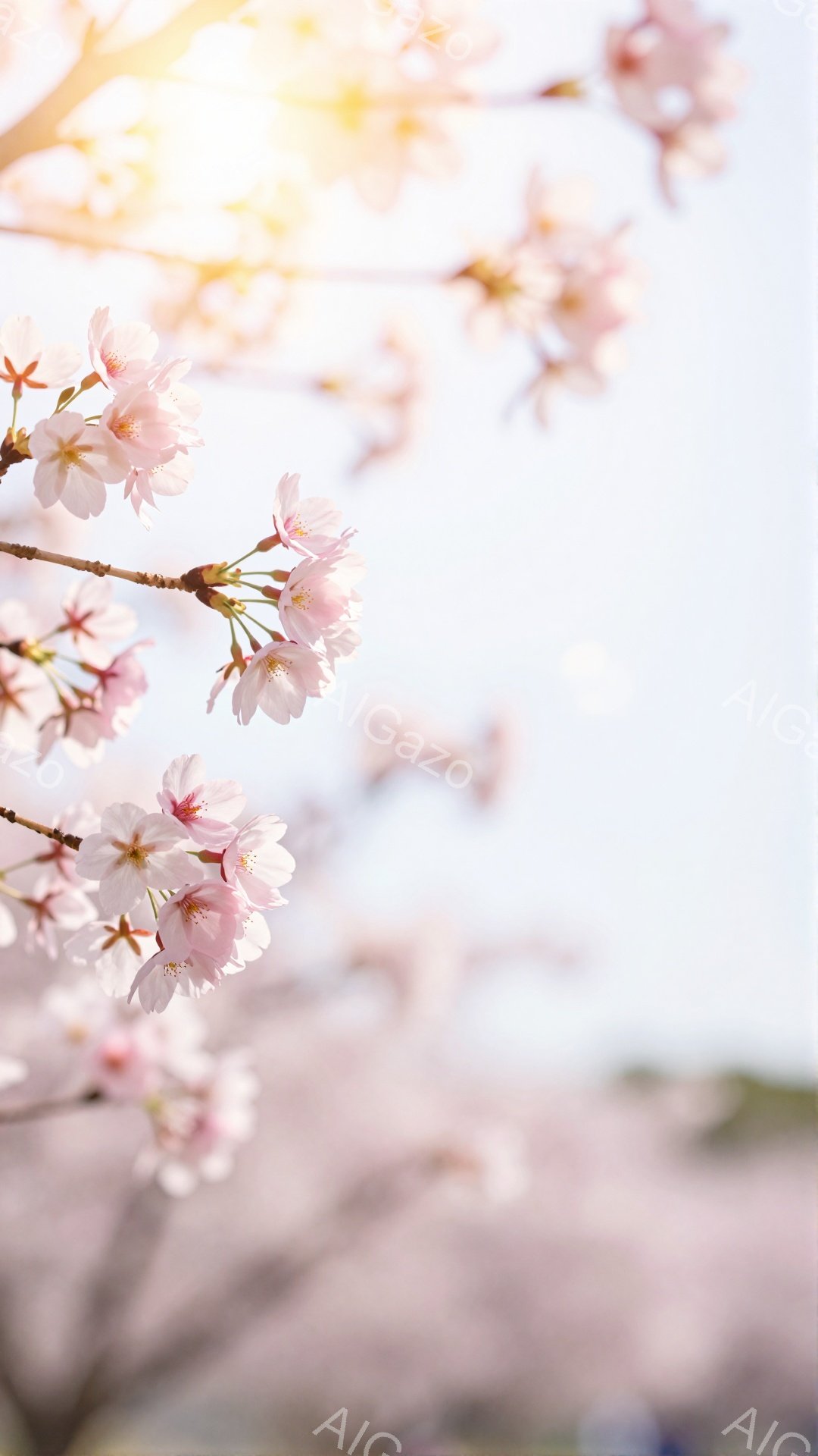 桜の花びらが鮮やかに咲き誇り、春の訪れを感じさせる一枚の写真です。背景にはぼやけた街並みが広がり、柔らかな光が花びらを照らしています。全体的に淡いピンク色で統一され、優しく穏やかな雰囲気を醸し出してい - AI生成フリー素材