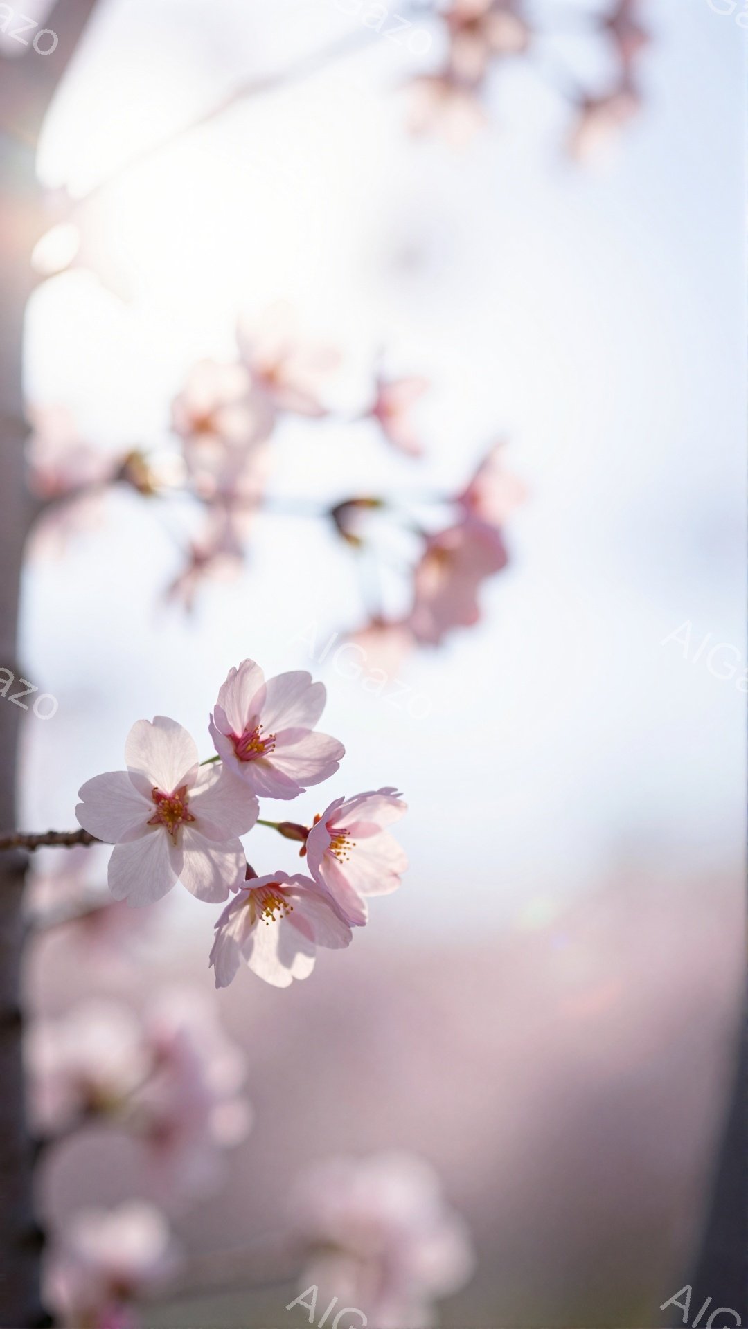 桜の花が咲き誇る春の風景です。淡いピンク色の花びらが、ぼんやりとした背景の中で美しく輝いています。全体的に柔らかく、穏やかな雰囲気が漂い、春の暖かさを感じさせます。 - AI生成フリー素材