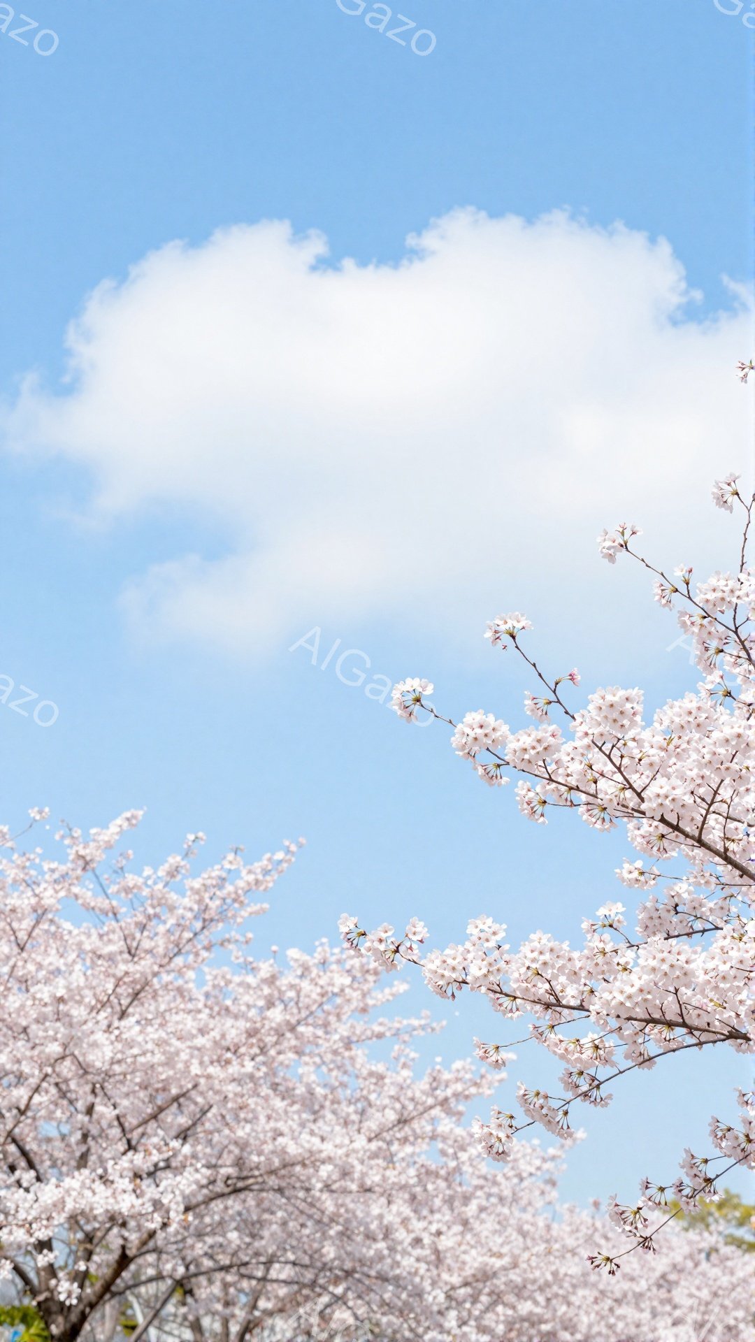 満開の桜が画面を覆い、春の訪れを感じさせる美しい風景です。青空を背景に、淡いピンク色の桜の花びらが輝き、穏やかで優しい雰囲気を醸し出しています。枝は画面の上部から伸びており、春の暖かさと生命力を象徴し - AI生成フリー素材