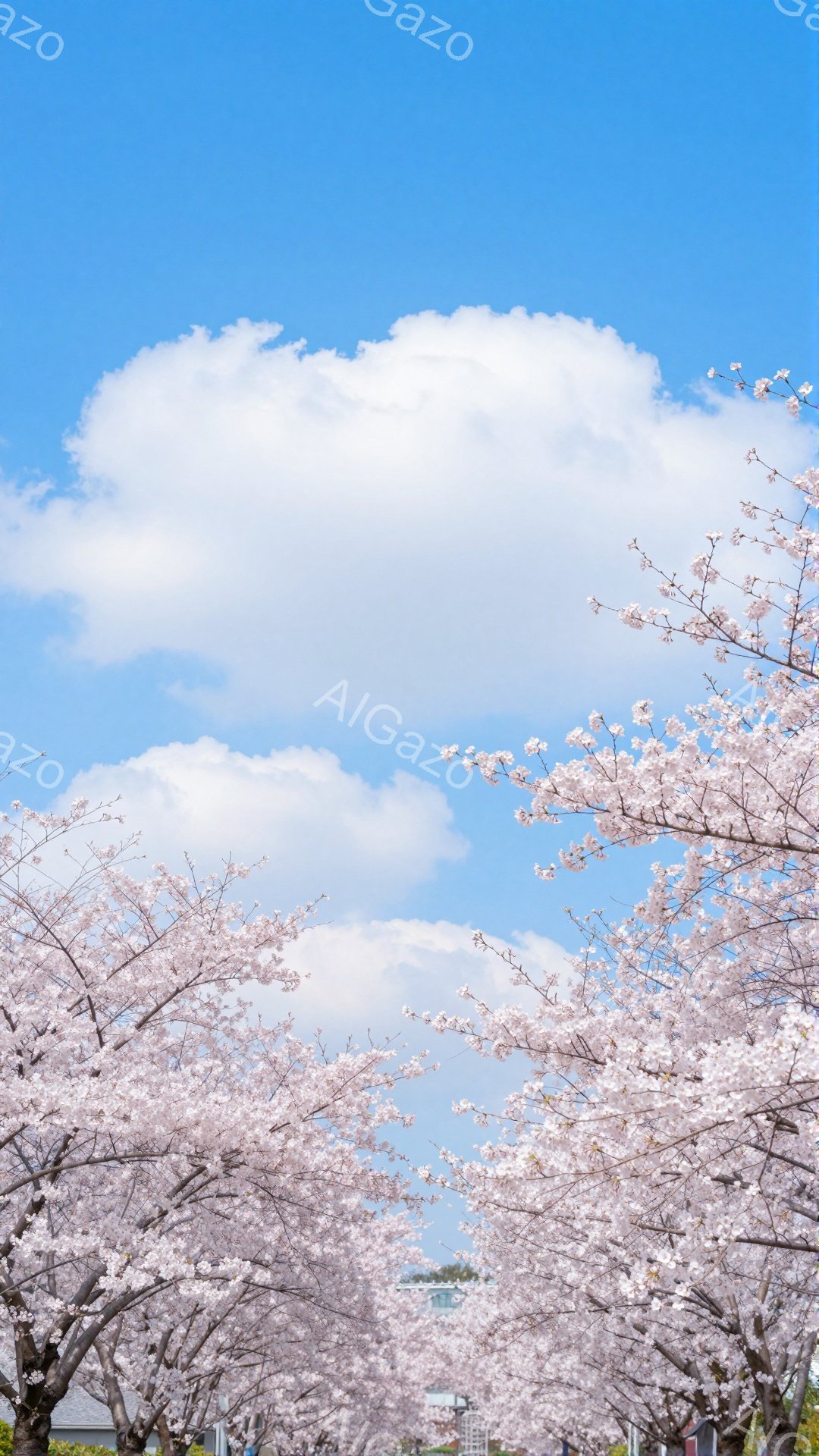 満開の桜並木が印象的な風景です。空は晴れ渡り、白い雲が浮かんでおり、春の穏やかな雰囲気が伝わってきます。手前に咲き誇る桜の花びらが、視線を奥へと引き込み、明るく華やかな印象を与えます。