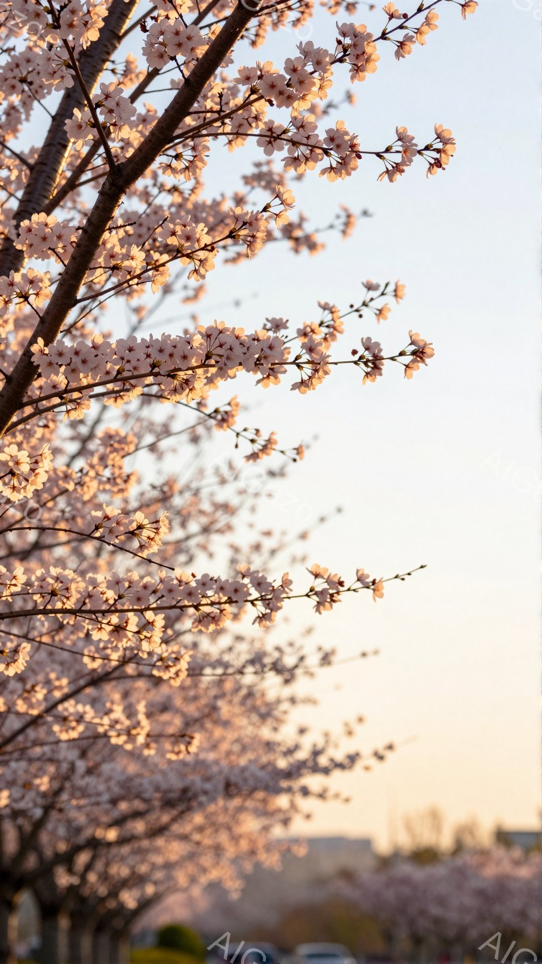 桜の花びらが満開の枝が画面を埋め尽くし、柔らかいピンク色が春の訪れを感じさせます。背景にはぼんやりと建物や車が見え、夕暮れ時の暖かな光が全体を包み込んでいます。穏やかで幻想的な雰囲気が漂い、春の美しさを表現しています。