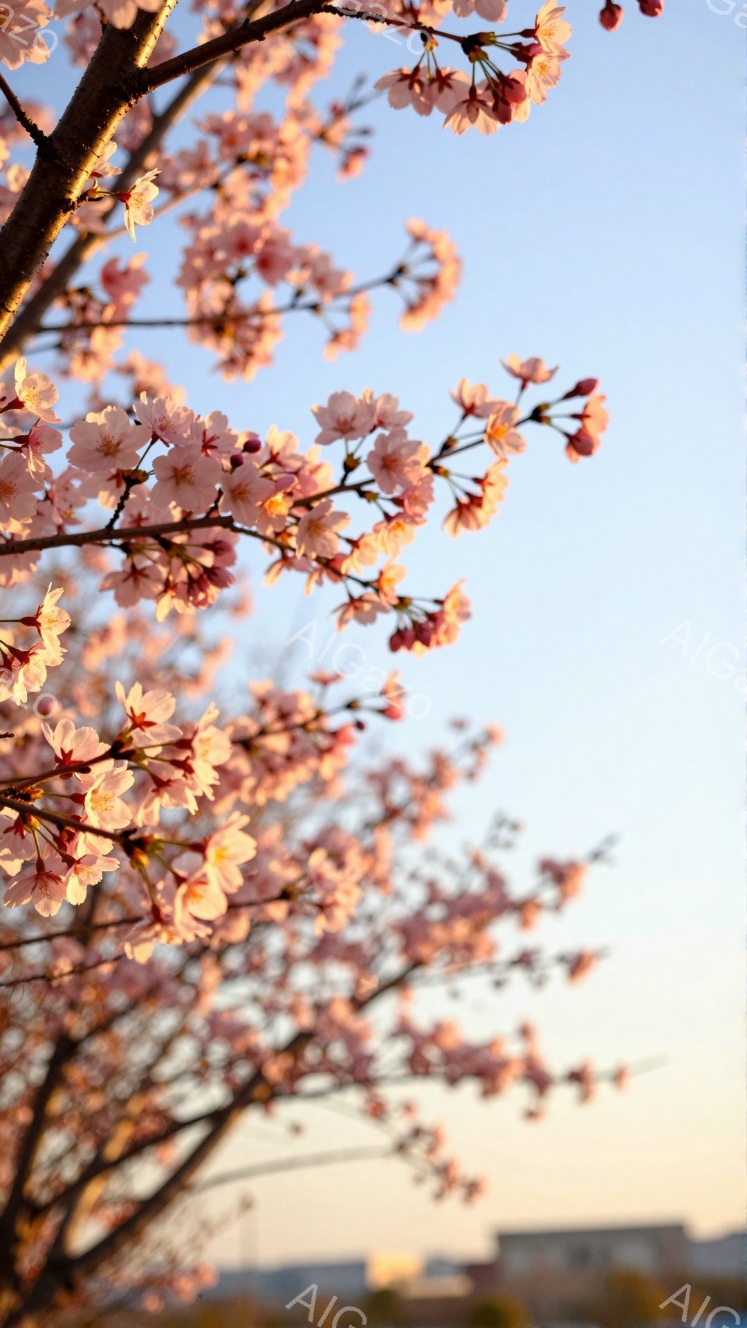 満開の桜が枝いっぱいに咲き誇り、柔らかいピンク色が春の訪れを告げている。背景には穏やかな空と、ぼやけた都市の風景が見え、全体的に暖かく優しい雰囲気が漂う。桜の繊細な花びらが光に照らされ、春の美しさを際立たせている。