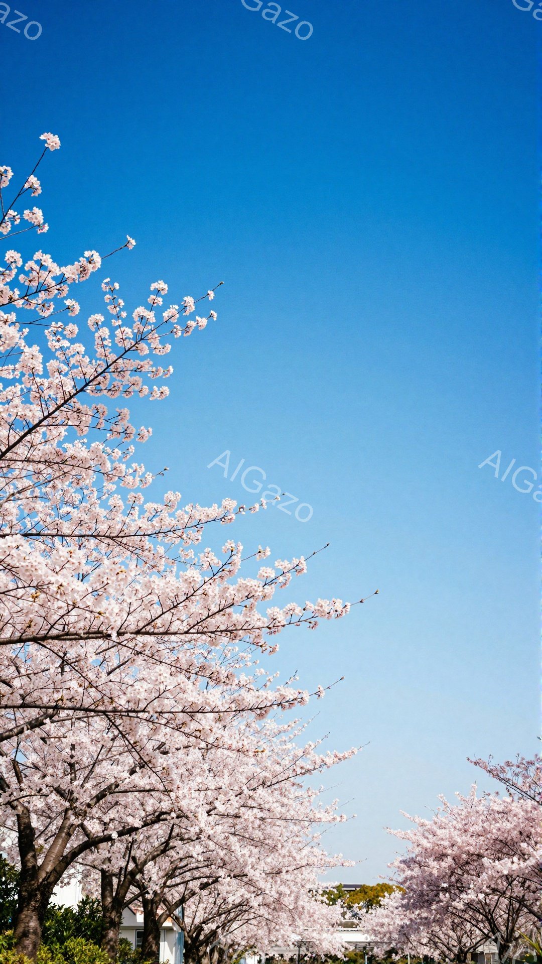 鮮やかな青空を背景に、桜の枝が左右に広がり、満開の桜の花が咲き誇っている。地面には緑の芝生が広がり、遠景には白い建物が見える穏やかな春の日の風景だ。桜の花びらの淡いピンク色が、明るい空とのコントラスト - AI生成フリー素材