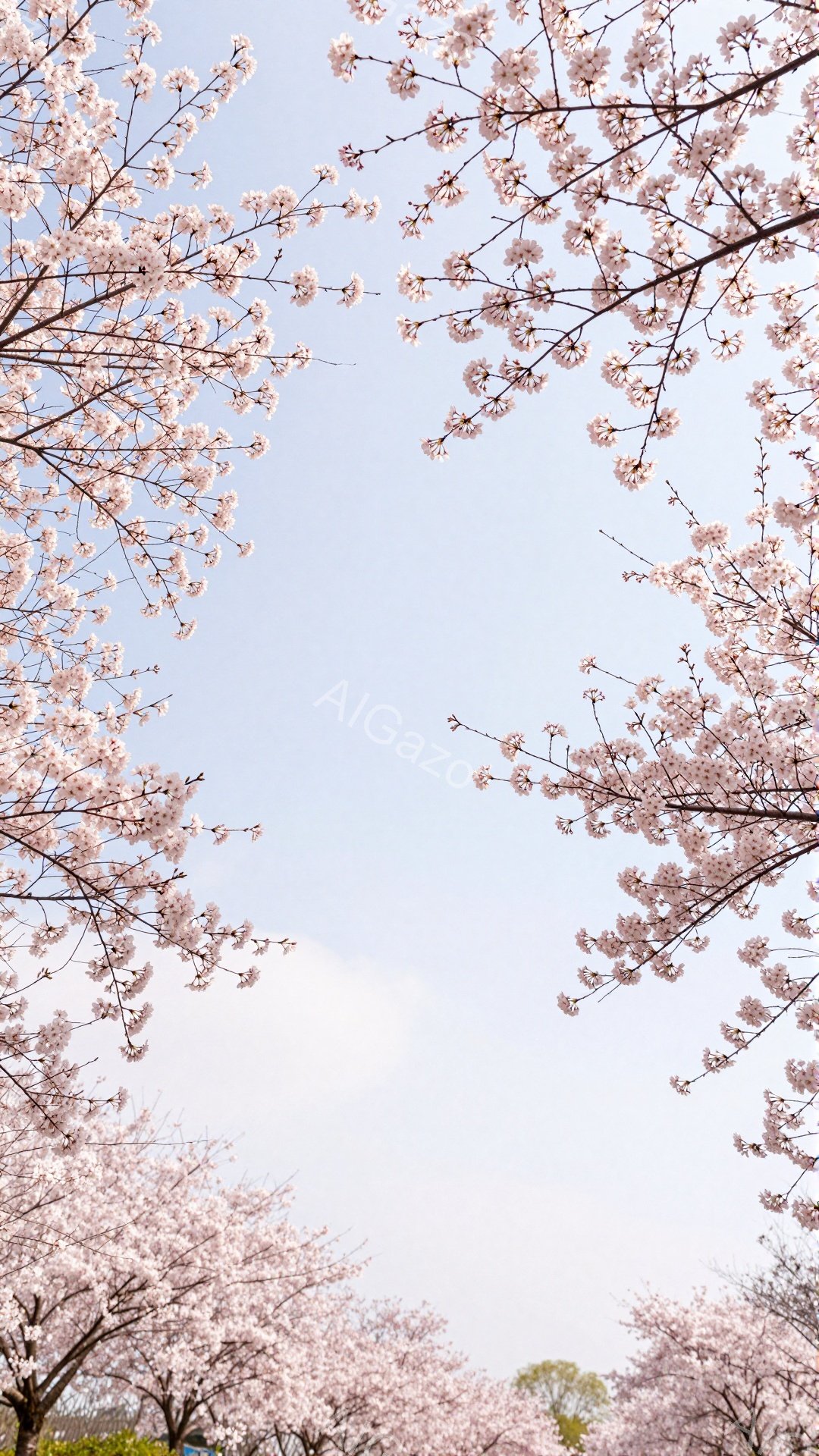 桜の花びらが満開の春の日の風景です。空は薄い水色で、桜の淡いピンク色が対照的に見えます。枝がフレームを囲むように配置され、まるでトンネルのような空間を作り出しています。 - AI生成フリー素材