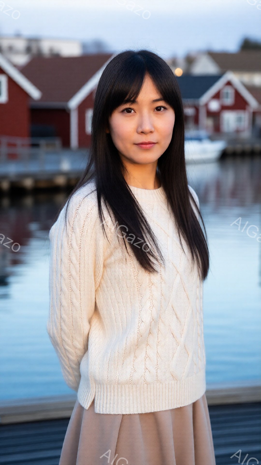 長い黒髪をセンターパートにした女性が、クリーム色のケーブルニットセーターとベージュのスカートを着用して立っています。彼女は正面を向き、穏やかな表情でわずかに微笑んでいます。背景には、水面と赤い建物がぼ - AI生成フリー素材