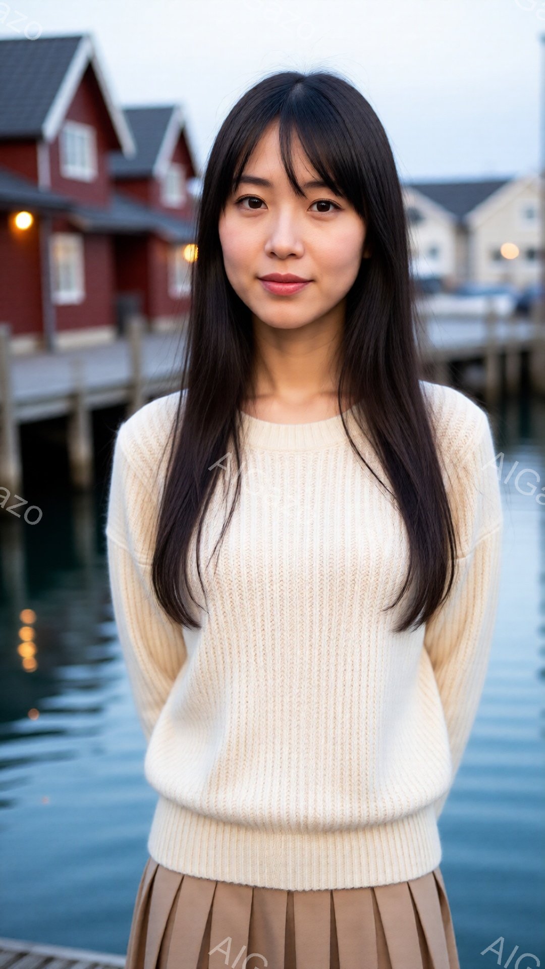 長い黒髪をセンターパートにした女性が、クリーム色のリブニットセーターと茶色のプリーツスカートを身に着けて正面を向いています。彼女は穏やかな表情で、わずかに微笑んでいます。背景には、水面に反射する赤い建 - AI生成フリー素材