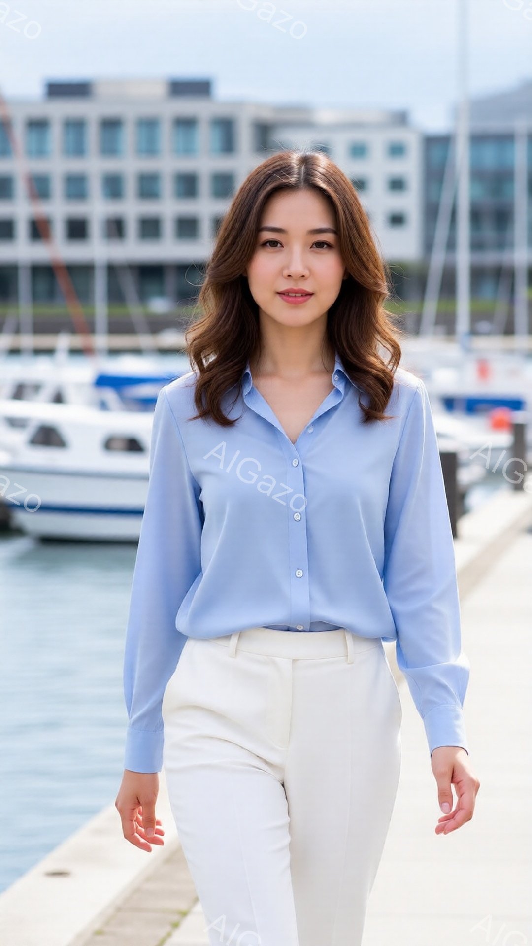 画像には、水辺の遊歩道を歩く女性が写っています。彼女は明るい水色のシャツとオフホワイトのパンツを着用し、ゆるやかなウェーブのかかった長い髪をしています。背景には、近代的な建物と停泊中のヨットが見え、晴れた日の穏やかな雰囲気が漂っています。