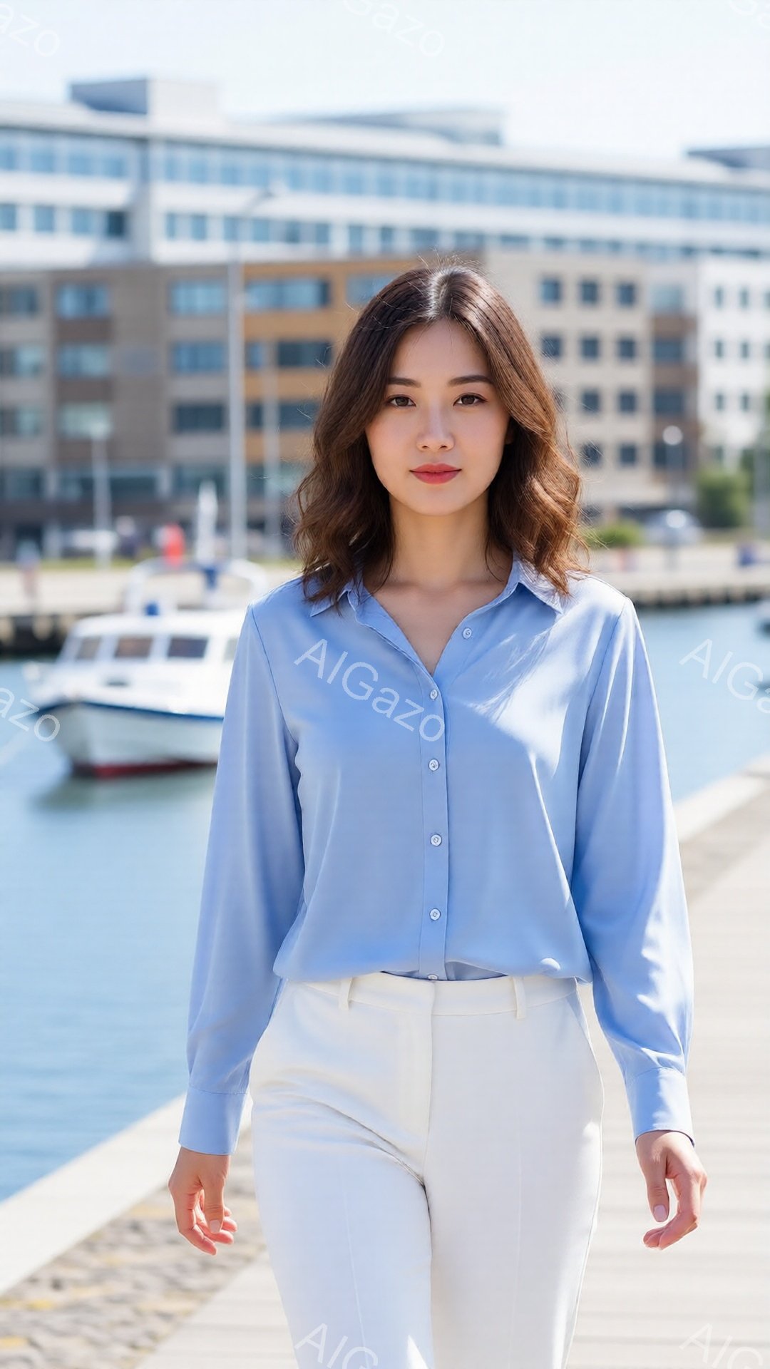 浅いブルーのシャツと白のパンツを着用した女性が、桟橋の上を歩いている。彼女は少し微笑み、リラックスした表情で、髪は軽くウェーブがかかっている。背景には、水面に反射する建物と、晴天の空が広がり、穏やかで - AI生成フリー素材