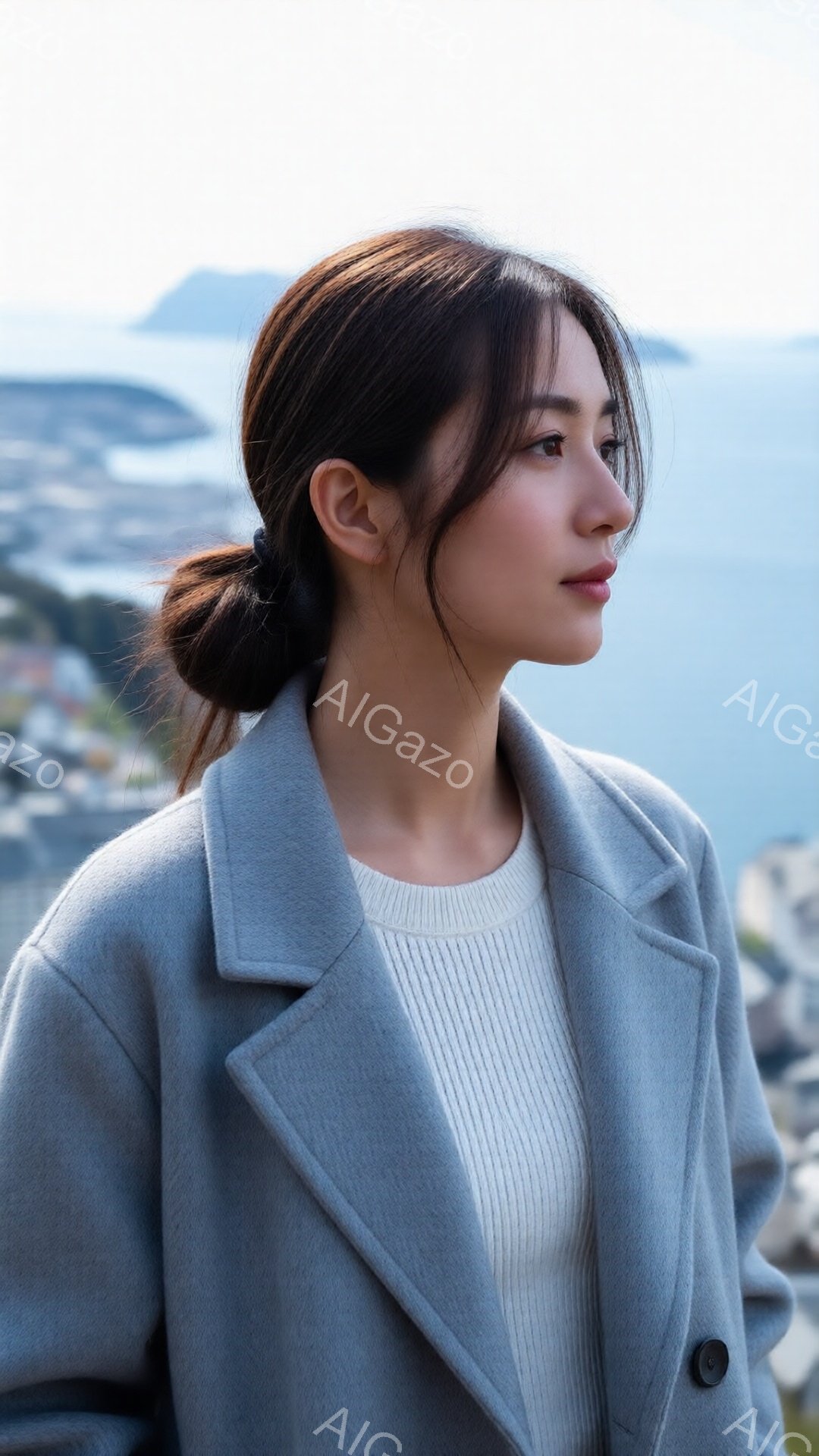 長い黒髪を無造作にまとめた女性が、グレーのオーバーサイズコートと白いニットを着て、少し横を向いて立っている。背景には、穏やかな海と、密集した建物が見え、天候は晴れで、全体的に静かで落ち着いた雰囲気が漂 - AI生成フリー素材
