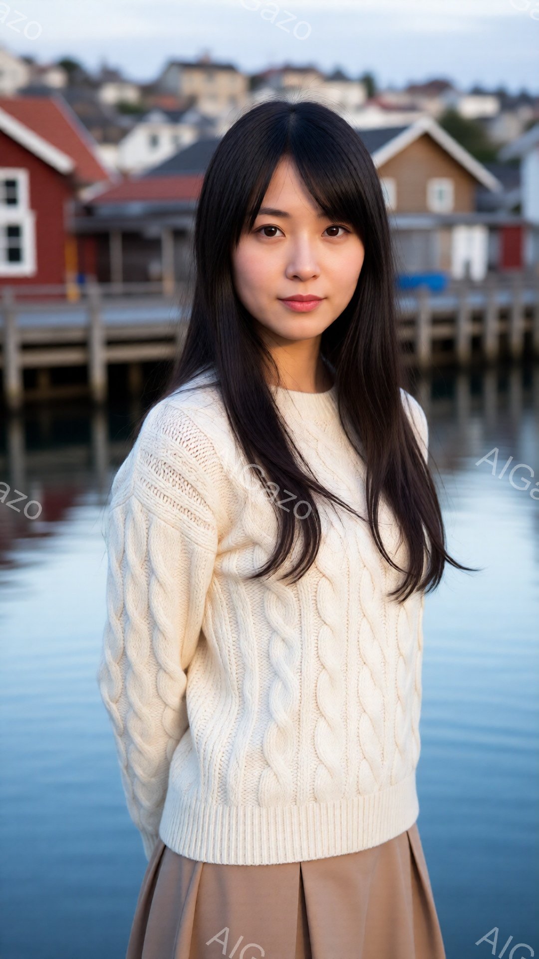長い黒髪の女性が、オフホワイトのケーブルニットセーターと茶色のスカートを身に着けて立っています。彼女はわずかに微笑み、穏やかな表情をしています。背景には、水面に映るカラフルな建物が並び、全体的に穏やか - AI生成フリー素材