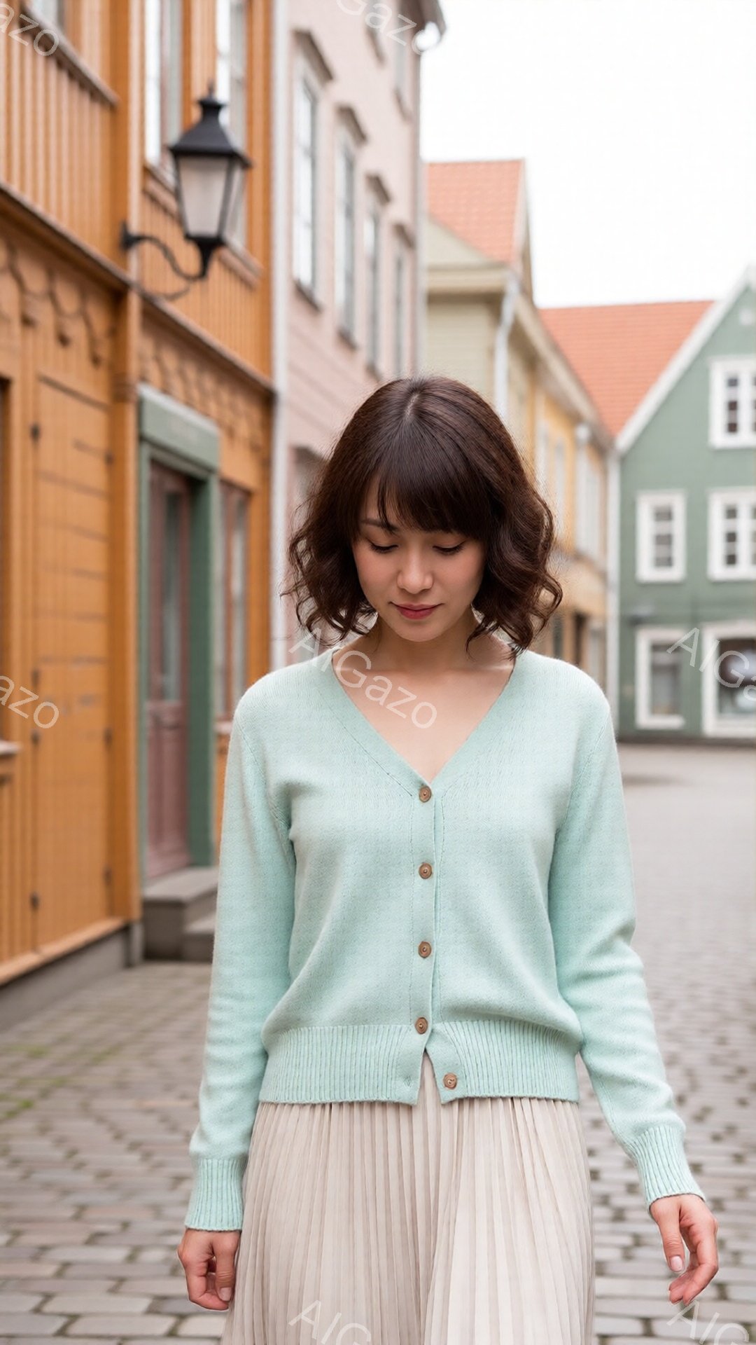明るい水色のカーディガンを着て、プリーツのスカートを履いた女性が写っています。彼女は少しうつむき加減で、穏やかな表情をしています。背景には、カラフルな木造建築が並び、石畳の道が続いており、静かで穏やか - AI生成フリー素材