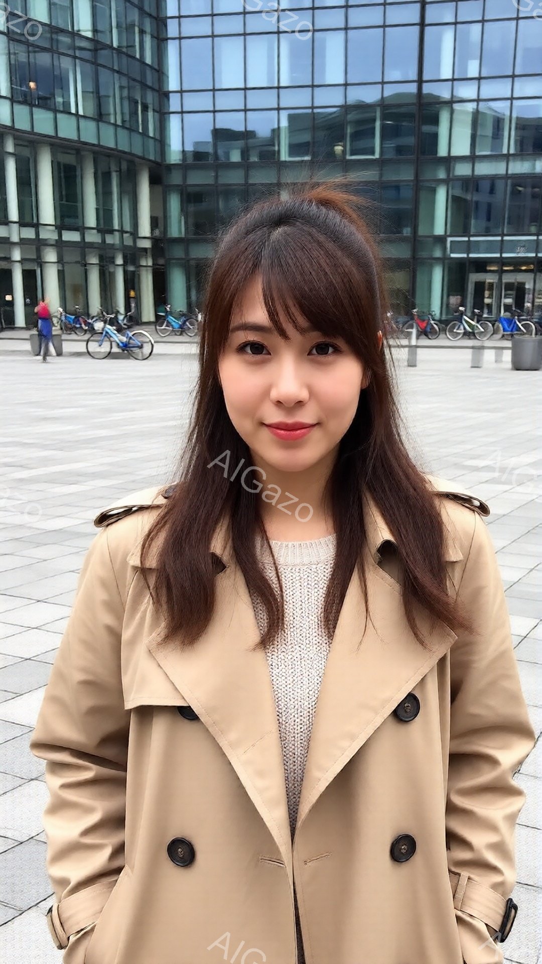 茶髪のロングヘアを肩から下で左右に分けている女性が、ベージュ色のトレンチコートとオフホワイトのセーターを着て正面を向いている。彼女は少し微笑んでおり、姿勢はまっすぐで落ち着いている。背景にはガラス張りの近代的な建物と、いくつかの自転車が並んでいる広場があり、全体的に落ち着いた雰囲気である。
