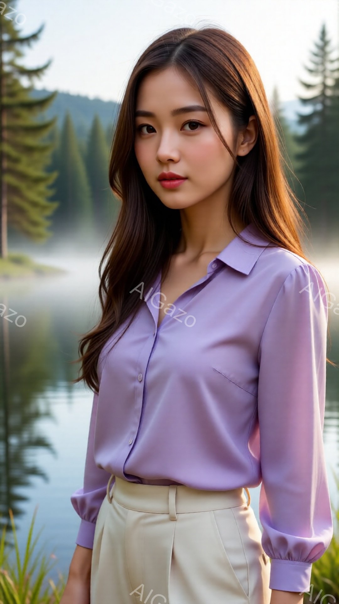 若い女性が紫色のブラウスとベージュ色のズボンを着用し、穏やかな表情で正面を見ている。彼女は少しカールしたロングヘアで、姿勢は自然でリラックスしている。背景には緑豊かな木々と穏やかな湖が広がり、晴れた日 - AI生成フリー素材
