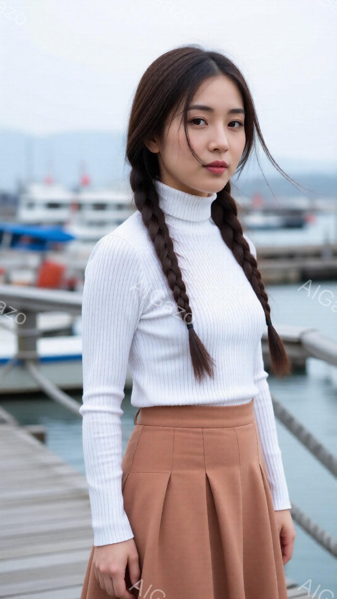 画像には、桟橋の上に立つ若い女性が写っています。彼女は白いリブニットの長袖シャツと、茶色のフレアスカートを着用し、髪は二本の三つ編みにしています。背景には、穏やかな海と停泊中のボートが見え、全体的に落 - AI生成フリー素材