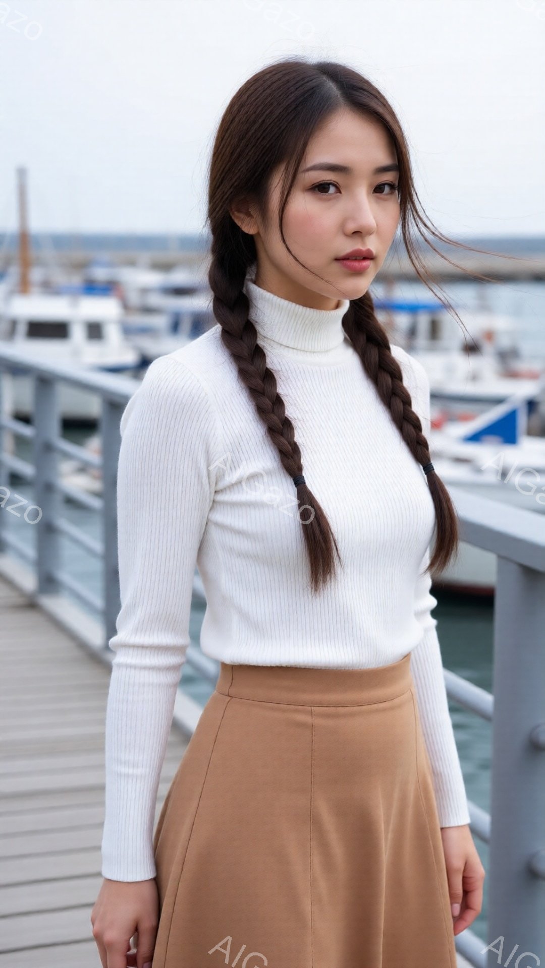 彼女は白いリブニットとキャメル色のフレアスカートを身に着けており、髪は二本の三つ編みにしています。少し微笑んでいる表情で、リラックスしたポーズで立っています。背景には、マリーナの船とグレーがかった空が - AI生成フリー素材