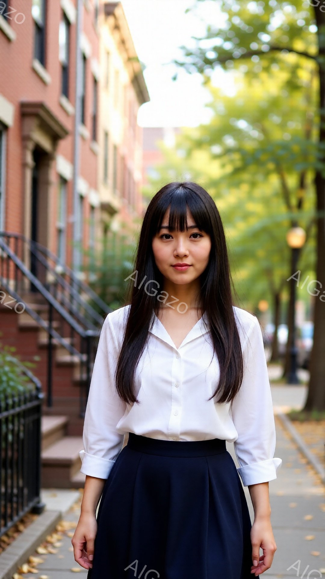 黒髪の長いストレートヘアを肩まで伸ばした女性が、白いシャツと黒いフレアスカートを身に着けて立っている。彼女は正面をまっすぐ見ており、表情は穏やかで少し微笑んでいるように見える。背景には、レンガ造りの建物が並び、緑の木々が立ち並び、晴れた日の穏やかな街並みを思わせる。
