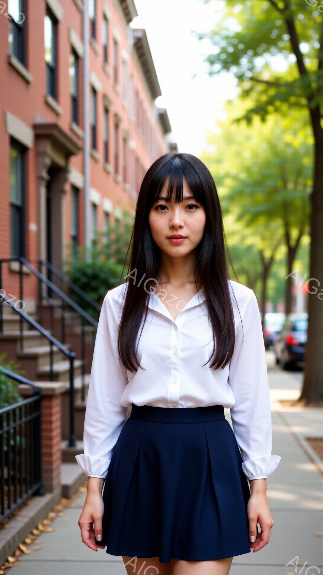 この女性は白いブラウスと紺色のプリーツスカートを着用し、ストレートヘアを肩まで伸ばしています。彼女は少し微笑んでおり、カメラに向かって穏やかな表情をしています。背景にはレンガ造りの建物が立ち並び、緑豊かな木々が並ぶ通りで、晴れた日の穏やかな雰囲気が漂っています。