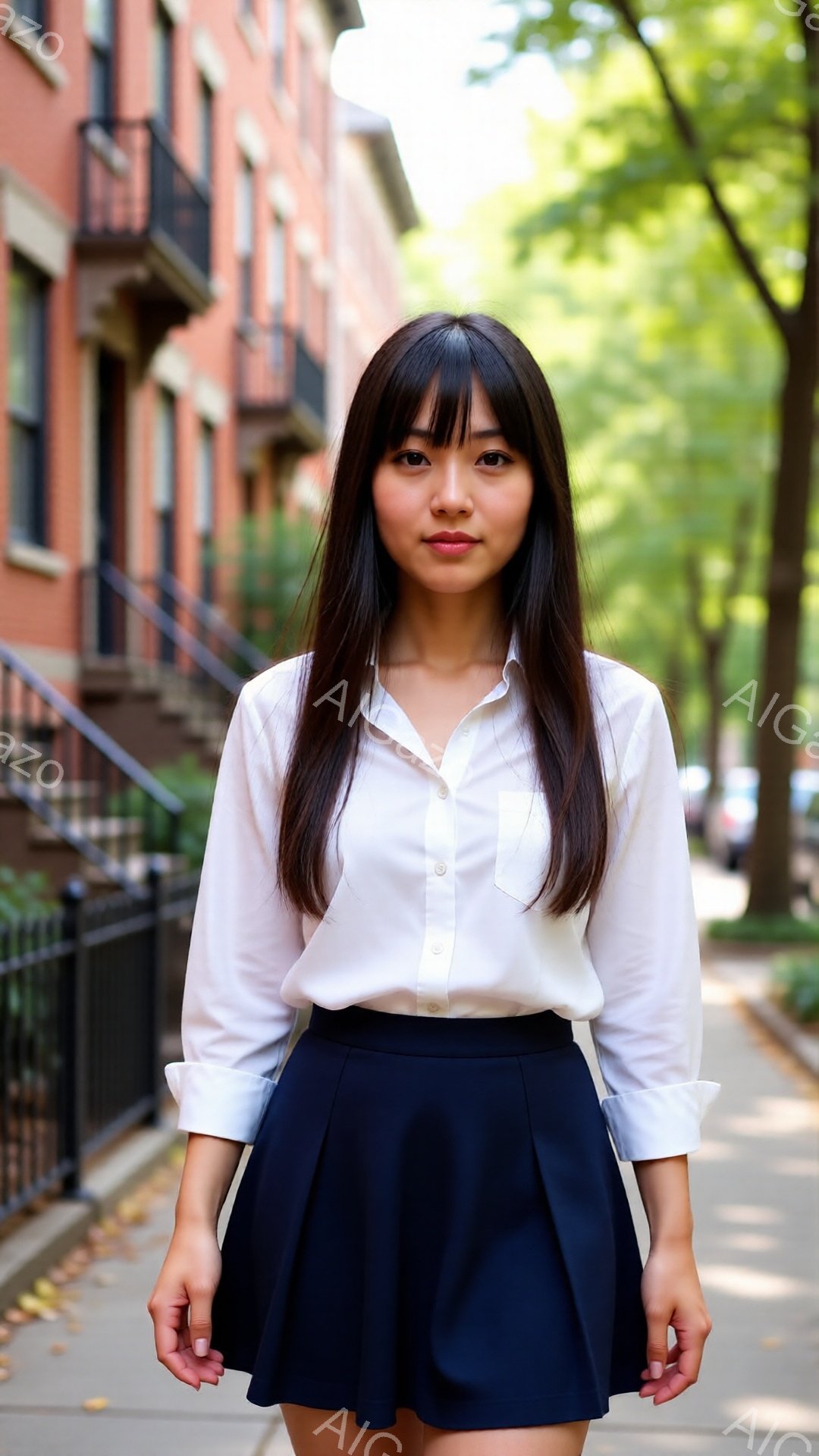 長い黒髪で前髪ぱっつんの女性が、白いシャツと紺色のフレアスカートを身につけて立っている。彼女はまっすぐ前を向いており、表情は穏やかで落ち着いている。背景にはレンガ造りの建物と緑豊かな木々が見え、晴れた - AI生成フリー素材