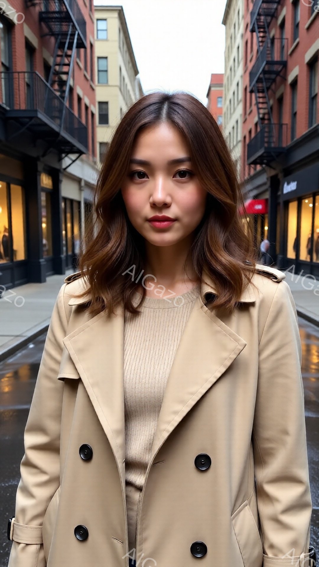 ベージュのトレンチコートを着た若い女性が正面を向いています。髪は肩までの長さで、ゆるやかなウェーブがかかっています。背景にはレンガ造りの建物が並び、雨上がりの濡れた路面が広がっており、都会的で落ち着いた雰囲気が漂っています。
