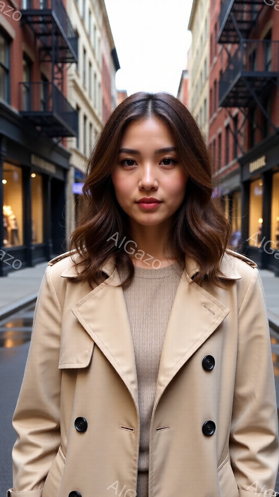 この女性はベージュ色のトレンチコートとセーターを着て、ストレートに近いウェーブヘアで、少し微笑んだ表情をしています。彼女は正面を向き、リラックスした姿勢で立っており、背景にはレンガ造りの建物が並ぶ都会 - AI生成フリー素材