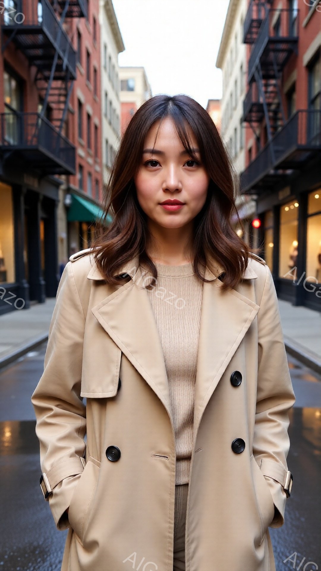 ベージュのトレンチコートを着た若い女性が正面を見据えています。彼女は肩を少し開き、穏やかな表情で、茶色の髪は肩にかかる長さで少しカールしています。背景はレンガ造りの建物が並ぶ通りで、地面は雨で濡れてお - AI生成フリー素材