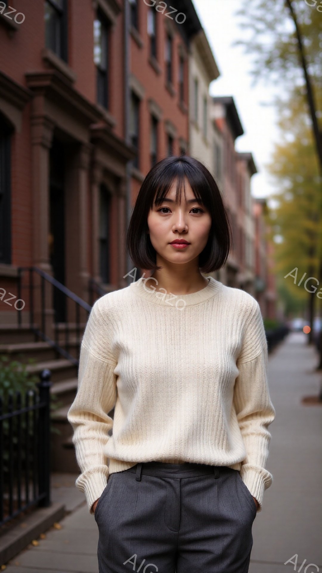 短い黒髪の女性が、クリーム色のざっくり編みのセーターとグレーのパンツを身に着けて立っている。彼女は正面を見据え、表情は穏やかでやや真剣だ。背景にはレンガ造りの建物が並び、道路の脇には木々が立ち並び、晴れた日の穏やかな雰囲気が漂っている。