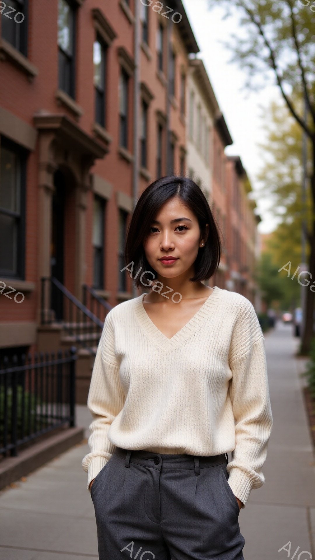 画像には、ベージュ色のVネックセーターとグレーのパンツを着用した女性が写っています。彼女は短い黒髪で、表情は穏やかで、わずかに微笑んでいます。背景には、レンガ造りの建物が並び、歩道には落ち葉が散らばっ - AI生成フリー素材