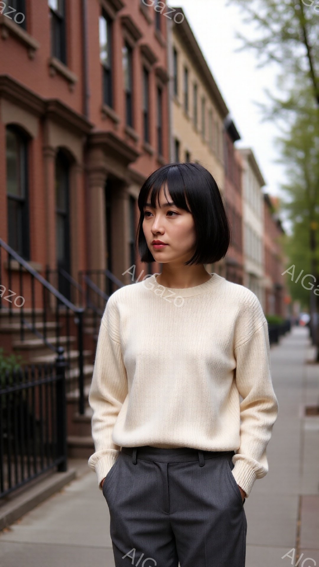 ショートヘアの女性が、クリーム色のセーターとグレーのパンツを着用し、街の歩道に立っています。彼女は少し前方を見つめ、落ち着いた表情を浮かべています。背景にはレンガ造りの建物が並び、穏やかな春の日であり、全体的に静かで洗練された雰囲気が漂っています。