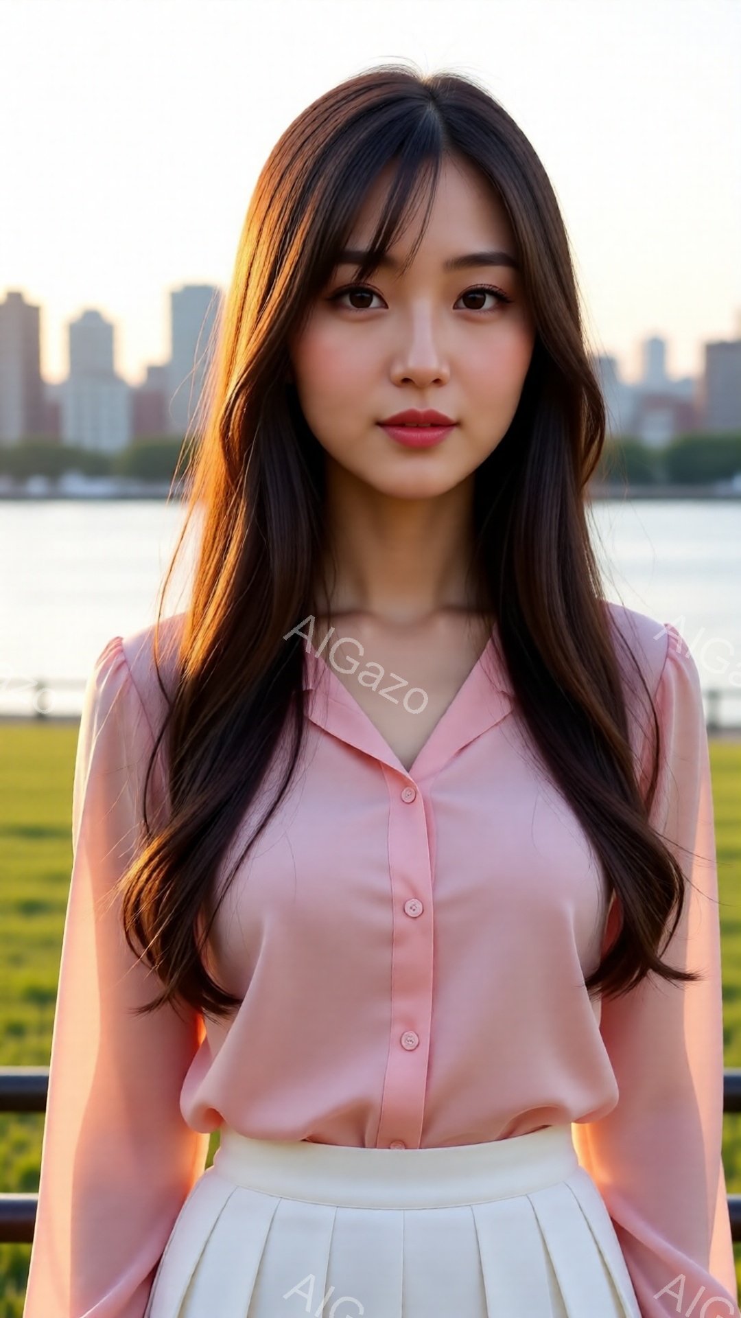 長い黒髪をなびかせた女性が、淡いピンク色のブラウスと白いプリーツスカートを身につけて立っている。彼女は微笑みを浮かべ、カメラに向かって優雅な表情を見せている。背景には、夕焼けに照らされた高層ビル群と水 - AI生成フリー素材