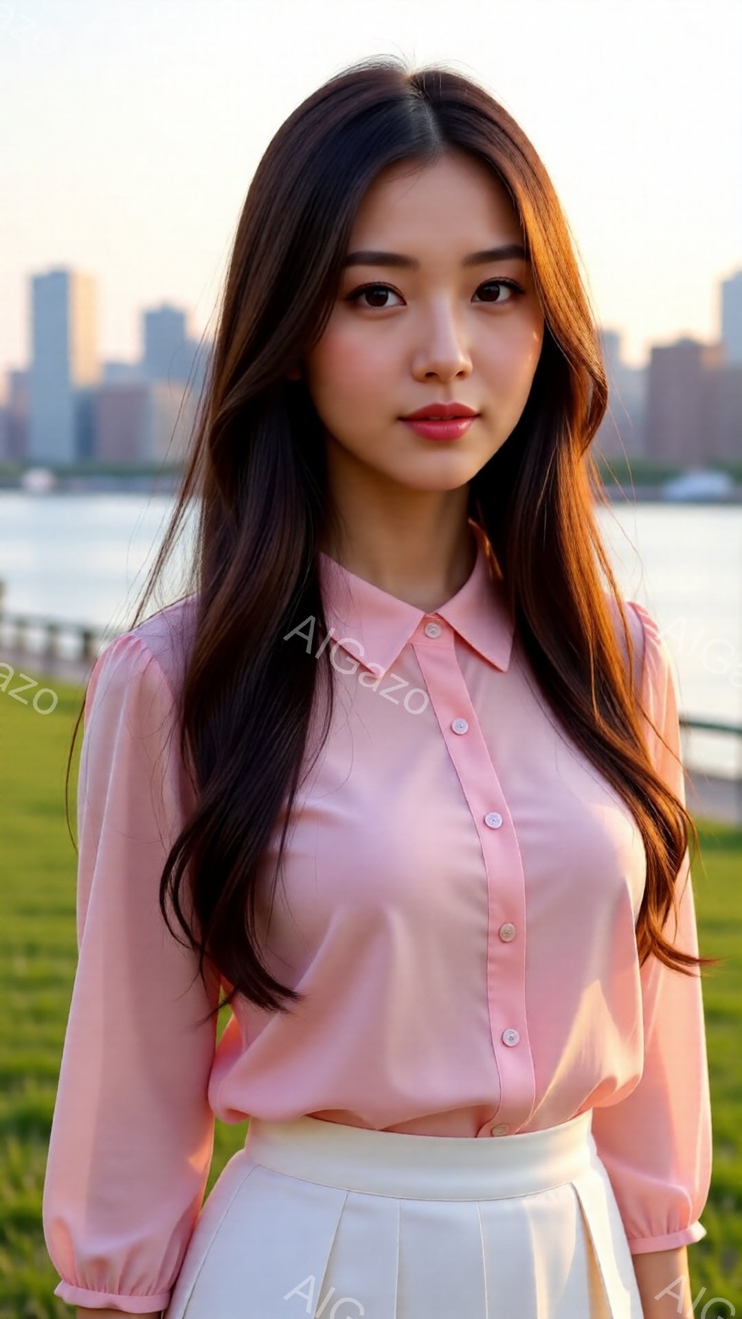 若い女性がピンク色のブラウスと白いワイドパンツを着用し、カメラに向かって微笑んでいます。彼女の髪は長く、ゆるやかにカールしており、全体的に柔らかい印象を与えます。背景には、夕暮れ時のニューヨークのスカイラインと緑の芝生が見え、穏やかでロマンチックな雰囲気を醸し出しています。