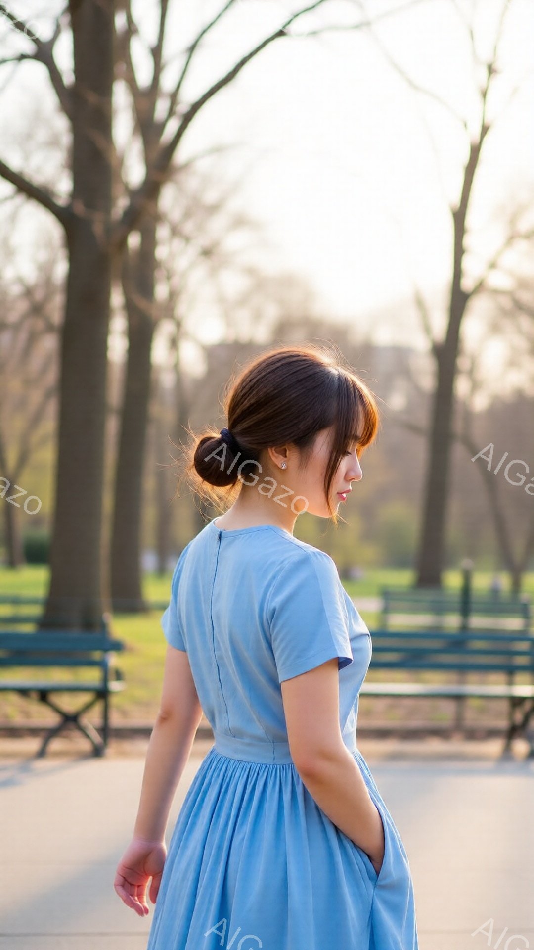 明るい水色のワンピースを着た女性が、公園の遊歩道を歩いている後ろ姿が捉えられている。髪は後ろでまとめており、表情ははっきりと見えないものの、穏やかな雰囲気が感じられる。背景には緑豊かな木々が広がり、春 - AI生成フリー素材