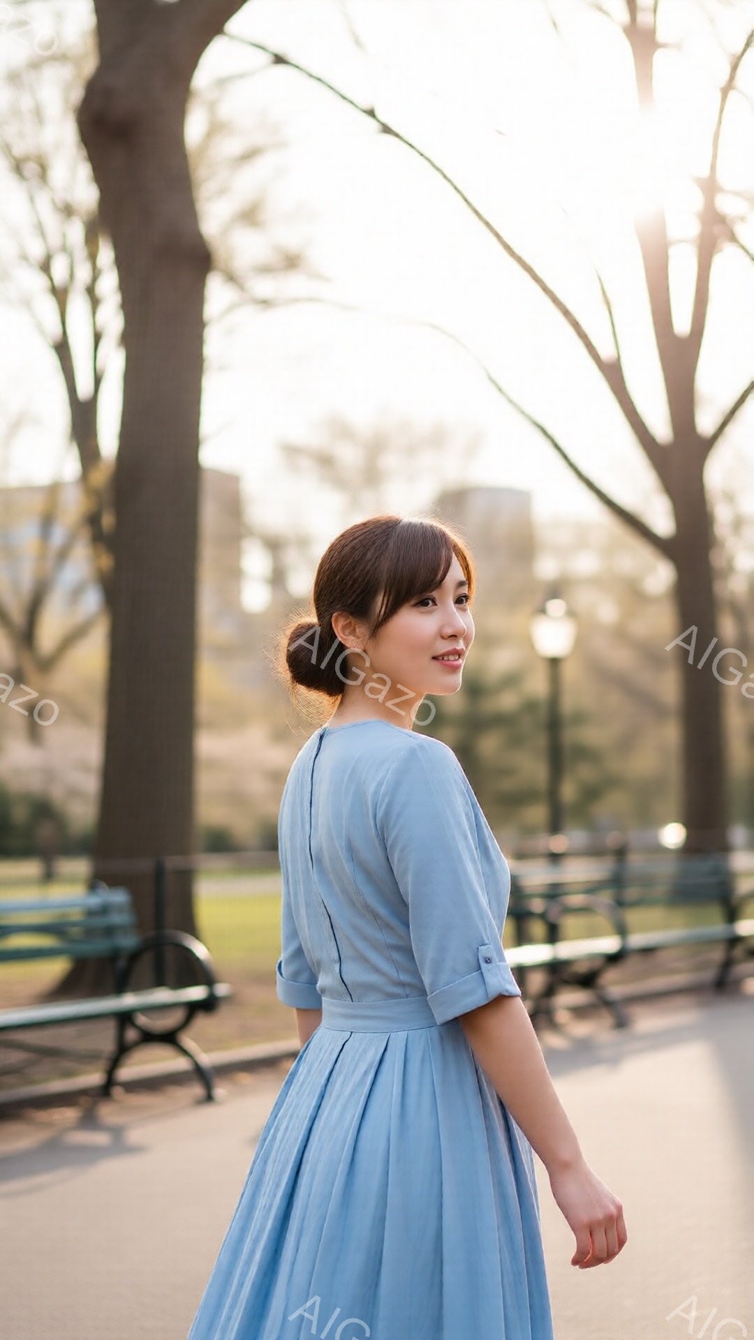 明るい青色のドレスを着た女性が、公園の遊歩道を歩いている。彼女は髪を後ろでまとめ、軽く振り返って微笑んでいる。背景には、裸木の並木とベンチが見え、穏やかで晴れた日の雰囲気が感じられる。 - AI生成フリー素材