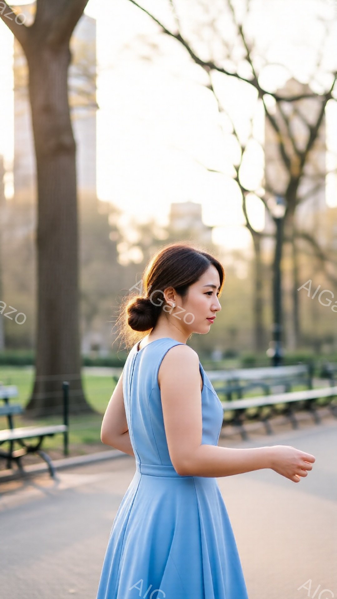 水色のワンピースを着た女性が、公園を歩いている姿が写っている。彼女は髪を後ろでまとめ、片手を伸ばしてリラックスした様子を見せている。背景には緑の芝生と木々、そしてぼんやりとした建物が見え、穏やかで春ら - AI生成フリー素材
