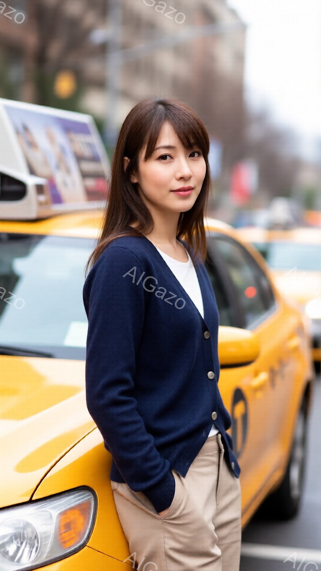 明るい茶色の髪を肩まで伸ばした女性が、紺色のカーディガンとベージュのパンツ姿で立っている。彼女はわずかに横を向き、片手をポケットに入れているため、リラックスした様子が伺える。背景には黄色いタクシーが映り、都会の街並みが広がっているが、天候はやや曇りである。