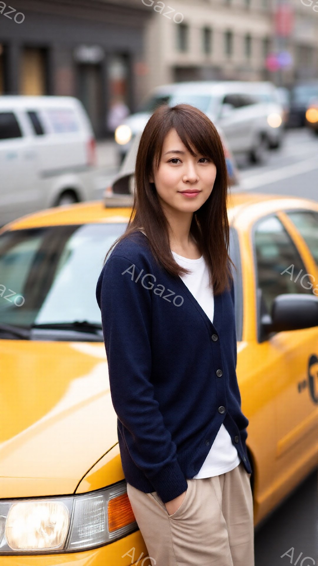 画像には、紺色のカーディガンを着てベージュ色のパンツを履いた若い女性が写っています。彼女は少し微笑んでおり、片手をポケットに入れたリラックスした姿勢でタクシーの前に立っています。背景には、都会の風景が広がり、建物や車両が見え、晴れた日の穏やかな雰囲気が漂っています。