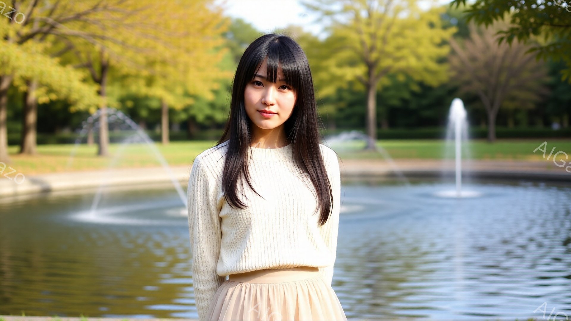 長い黒髪をセンターパートにした女性が、ベージュのニットとスカート姿で正面を向いています。彼女は穏やかな表情で、リラックスした姿勢で立っています。背景には水面が輝く池と、噴水、そして緑豊かな木々が見え、 - AI生成フリー素材
