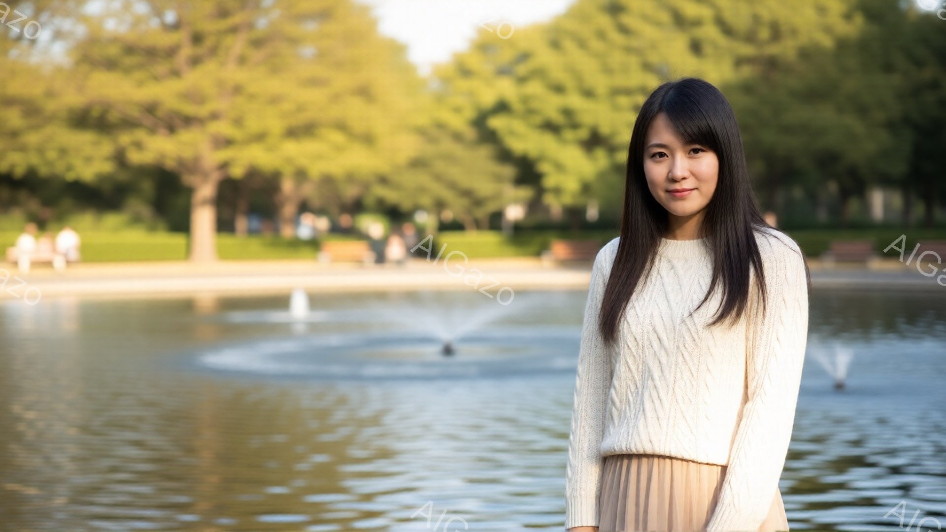 長い黒髪をセンターパートにした女性が、アイボリー色のケーブルニットセーターとベージュのプリーツスカートを着ています。彼女はわずかに微笑んでおり、リラックスした姿勢で正面を向いています。背景には水面が輝 - AI生成フリー素材