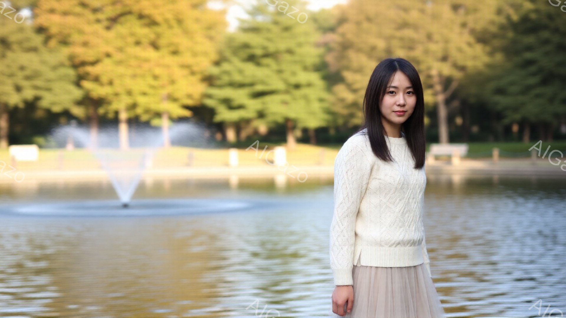 若い女性が、オフホワイトのケーブルニットセーターと、薄いベージュのチュールスカートを身に着けて立っている。彼女はストレートの黒髪で、穏やかな表情をしている。背景には水面が輝く池と噴水、そして緑豊かな木 - AI生成フリー素材