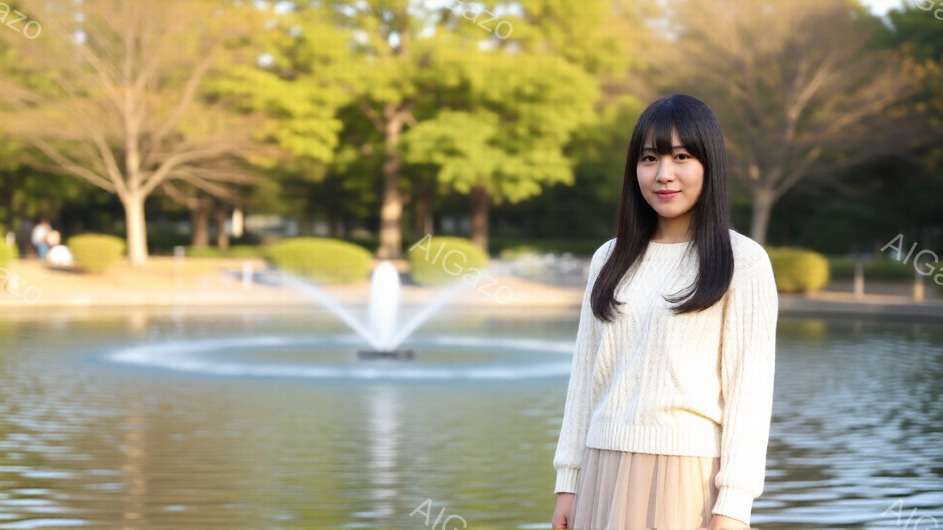 長い黒髪をセンターパートにした女性が、ベージュ色のケーブルニットと淡いピンク色のスカートを着用し、穏やかな微笑みを浮かべて正面を見ている。背景には、水が噴き出す噴水と緑豊かな木々が見られ、晴れた日の穏 - AI生成フリー素材