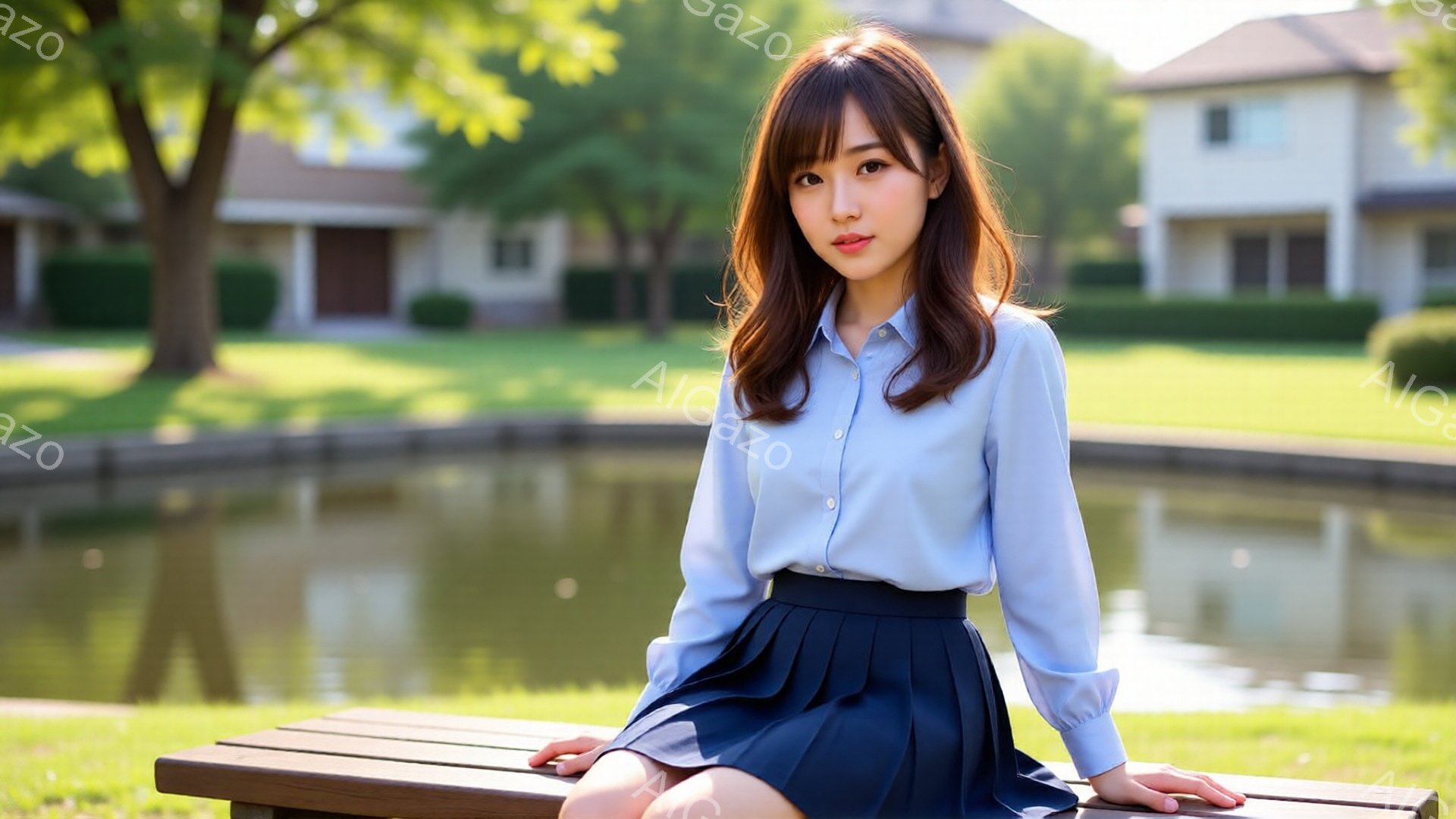 長い茶色の髪を肩にかけた女性が、水辺のベンチに座っています。淡い水色のシャツと濃い青色のプリーツスカートを身に着け、穏やかな微笑みを浮かべています。背景には緑豊かな芝生と木々、そして住宅が見え、晴れた - AI生成フリー素材
