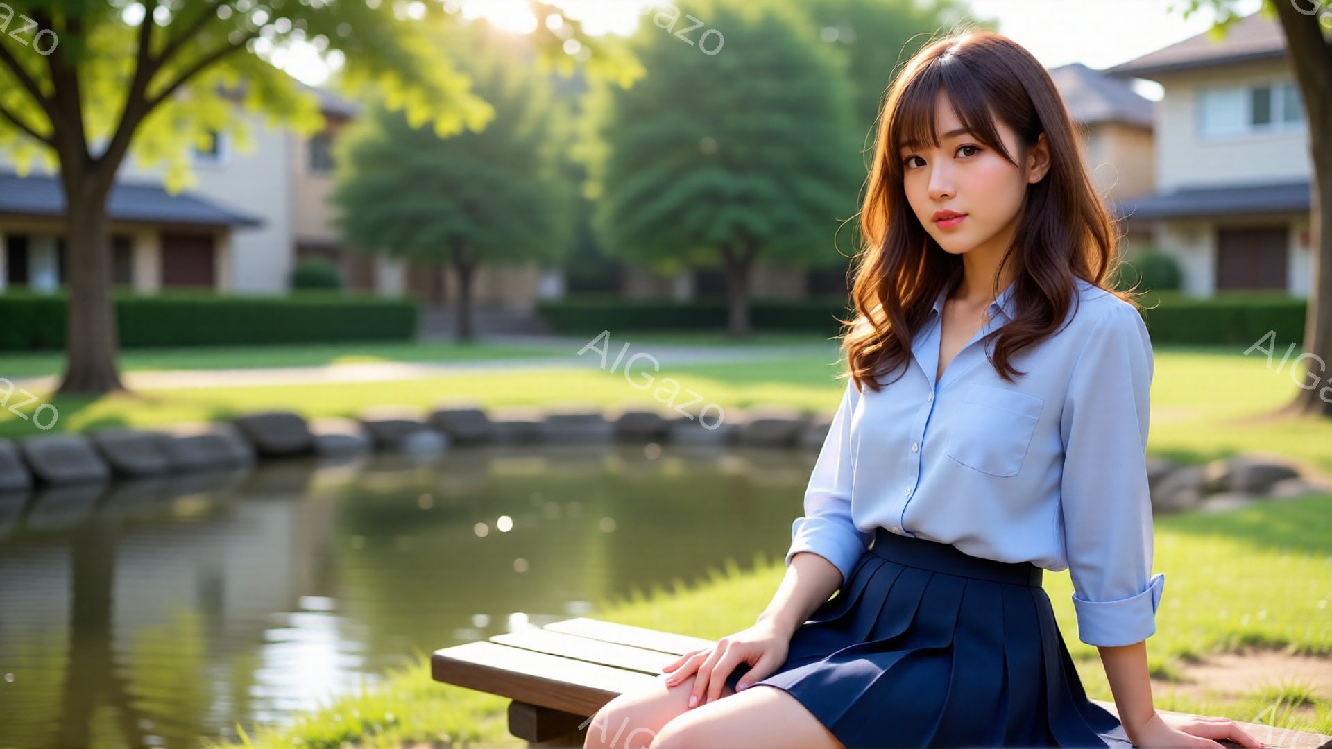 明るい青色のシャツと濃い青色のプリーツスカートを身につけた若い女性が、緑豊かな公園のベンチに座っています。彼女は長い茶色の髪を持ち、穏やかな微笑みを浮かべています。背景には、池、手入れの行き届いた芝生 - AI生成フリー素材