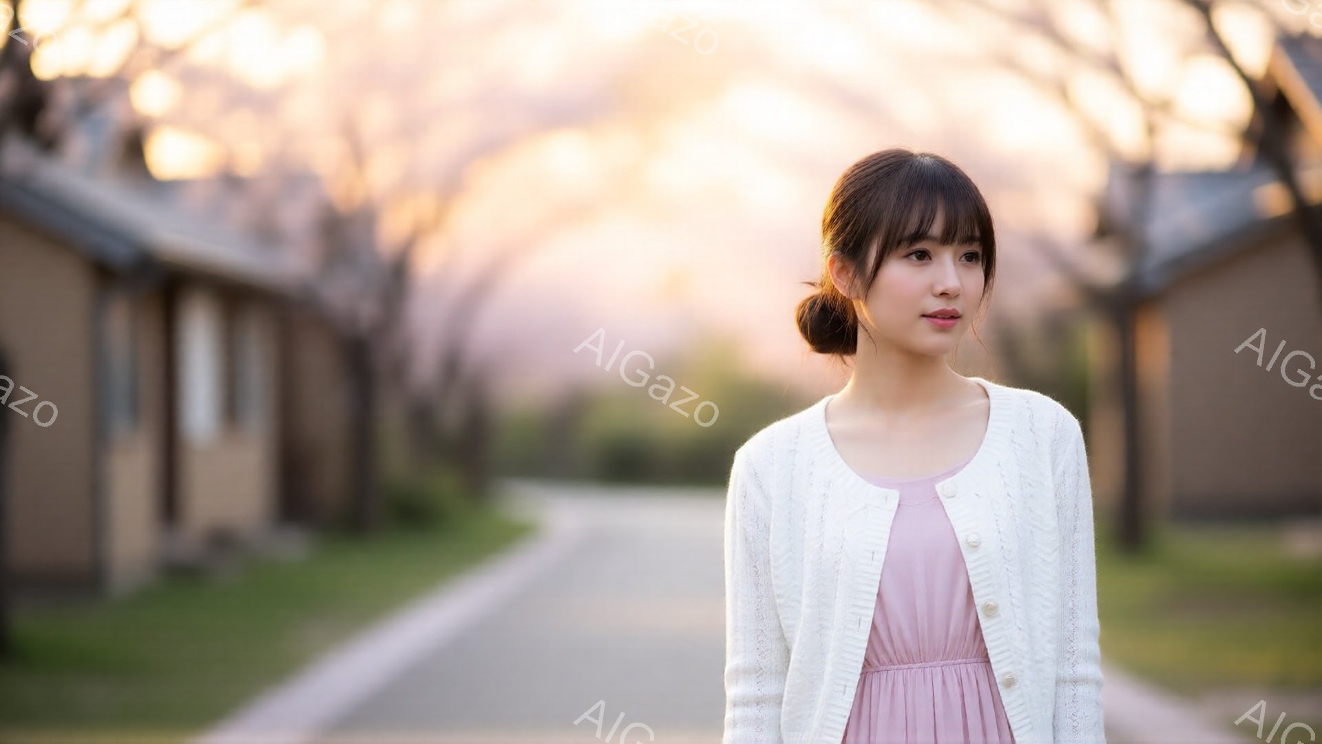 若い女性が、薄いピンク色のワンピースに白いカーディガンを羽織って立っている。彼女は前髪を少しカールさせた、ダークブラウンの髪を後ろでまとめている。背景には、桜並木が続く道と、簡素な建物が見え、春の穏やかな日差しが全体を包んでいる。