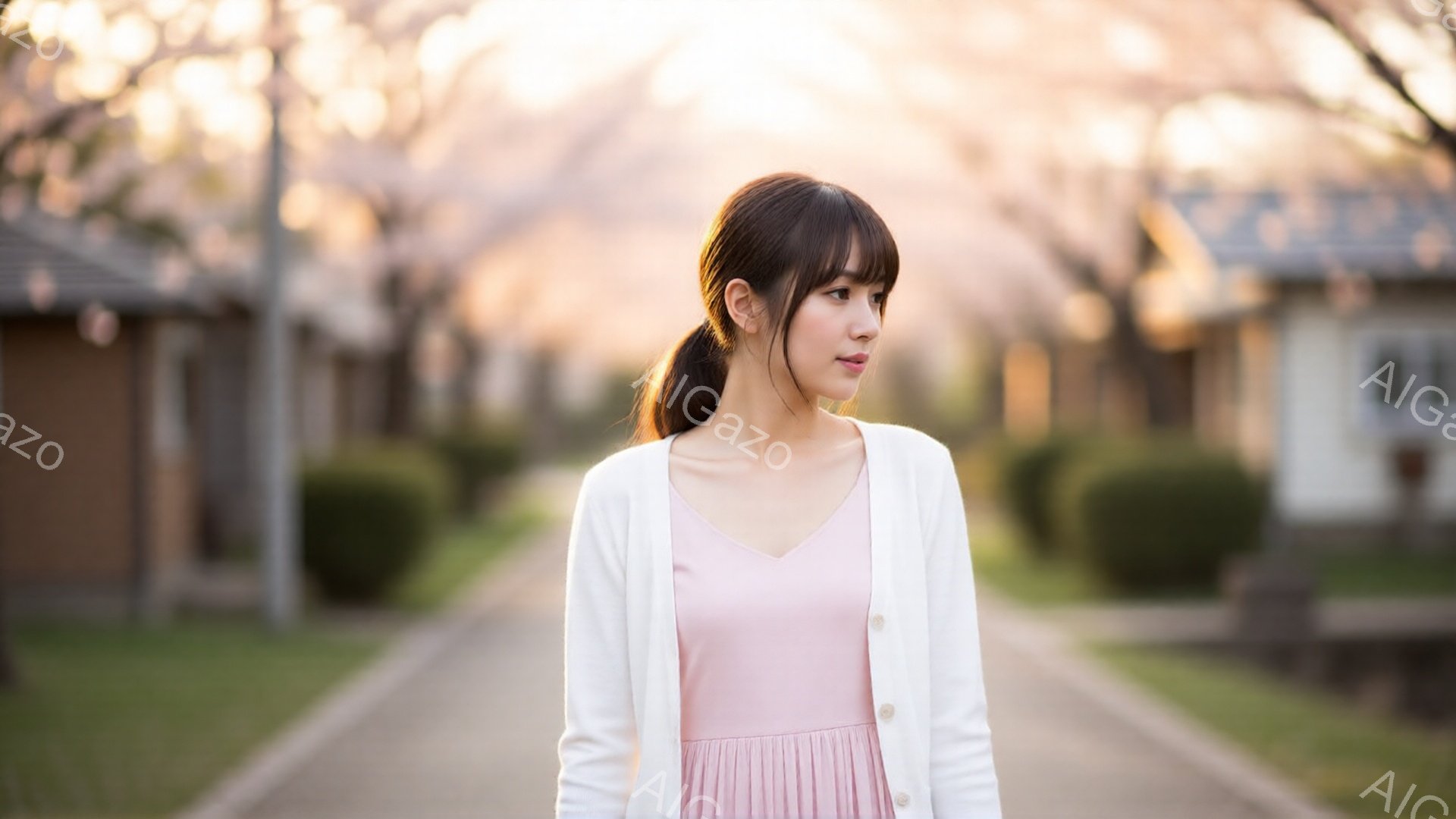 ピンク色のワンピースに白いカーディガンを羽織った女性が、道を歩いています。彼女はロングヘアを後ろで一つにまとめ、少し微笑んだ表情で、どこかを見つめています。背景には、桜並木が広がり、春の穏やかな陽気を - AI生成フリー素材