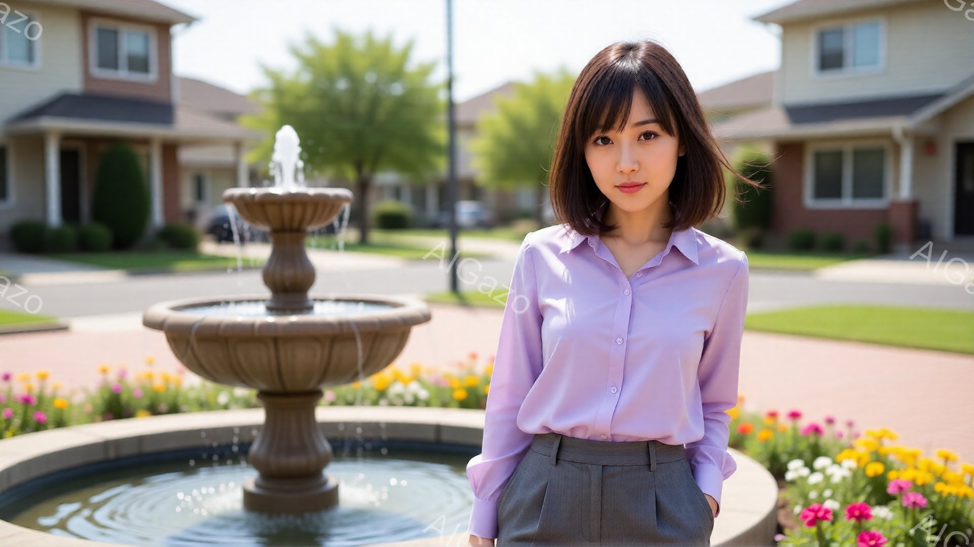 明るい紫色のブラウスとグレーのパンツを着用した若い女性が、庭の噴水の前に立っています。彼女は肩を少し内側に丸め、両手をポケットに入れたリラックスした姿勢で、わずかに微笑んでいます。背景には、緑豊かな木 - AI生成フリー素材