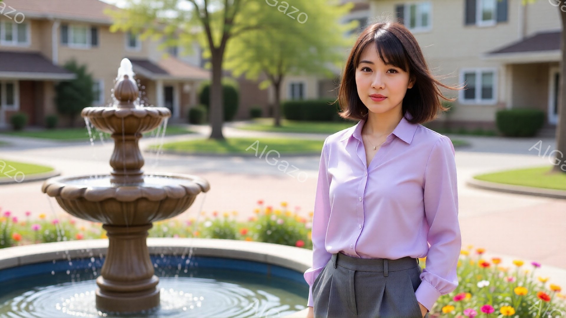 淡い紫色のシャツにグレーのパンツを着用した女性が、噴水の前に立っています。彼女は肩までの長さの黒髪で、穏やかな表情を浮かべて正面を見つめています。背景にはレンガ造りの建物と色とりどりの花が咲き乱れ、晴 - AI生成フリー素材