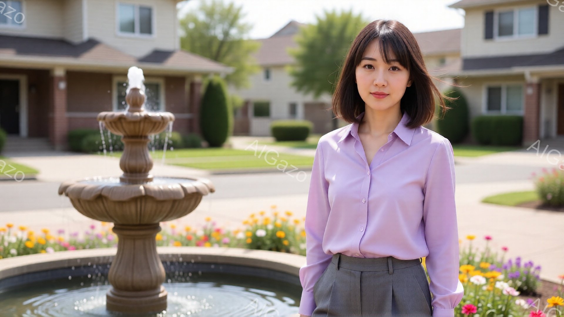 淡い紫色のシャツにグレーのパンツを着用した女性が、庭の噴水の前に立っている。彼女は短いボブヘアで、穏やかな表情で正面を見つめている。背景には、緑豊かな庭と住宅が広がり、晴れた日の穏やかな雰囲気が漂っている。