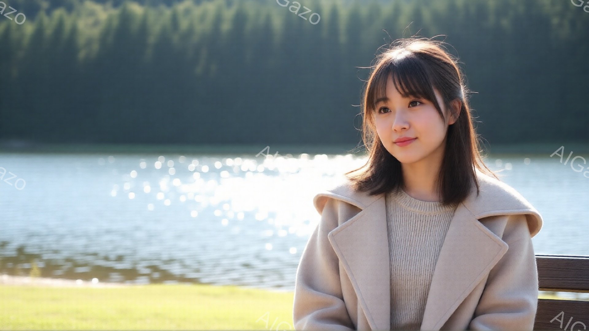 若い女性がベージュ色のコートとグレーのセーターを着て、ベンチに座っています。彼女は少し微笑んでおり、穏やかで優しい表情をしています。背景には水面がキラキラと輝き、緑豊かな自然が広がっており、平和でリラ - AI生成フリー素材
