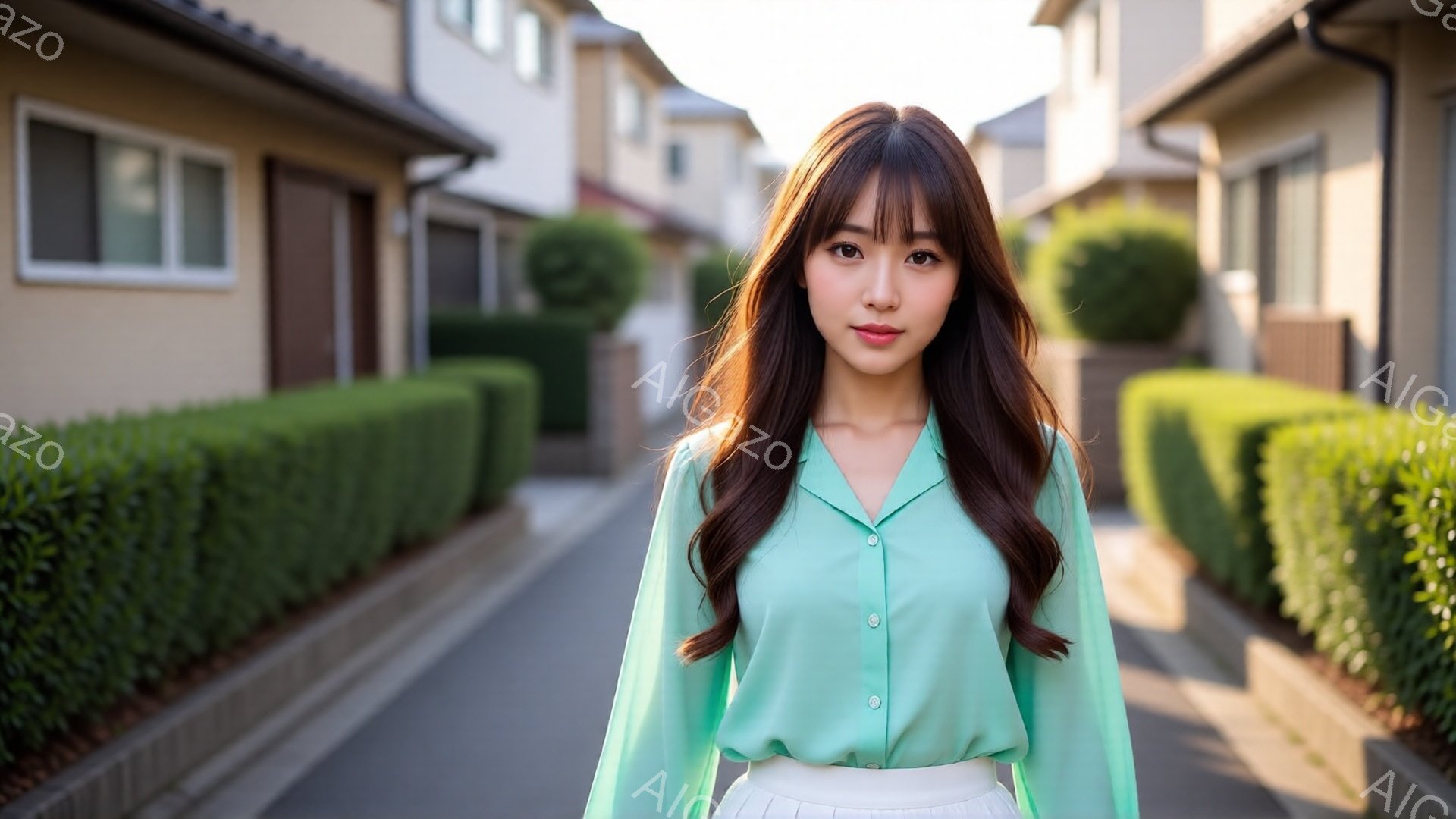 明るい緑色のブラウスと白いスカートを着た若い女性が、住宅街の道で正面を向いて立っている。彼女は長い茶色の髪を肩まで垂らし、少し微笑んだ表情でカメラを見つめている。背景には整然と並んだベージュ色の家々と - AI生成フリー素材
