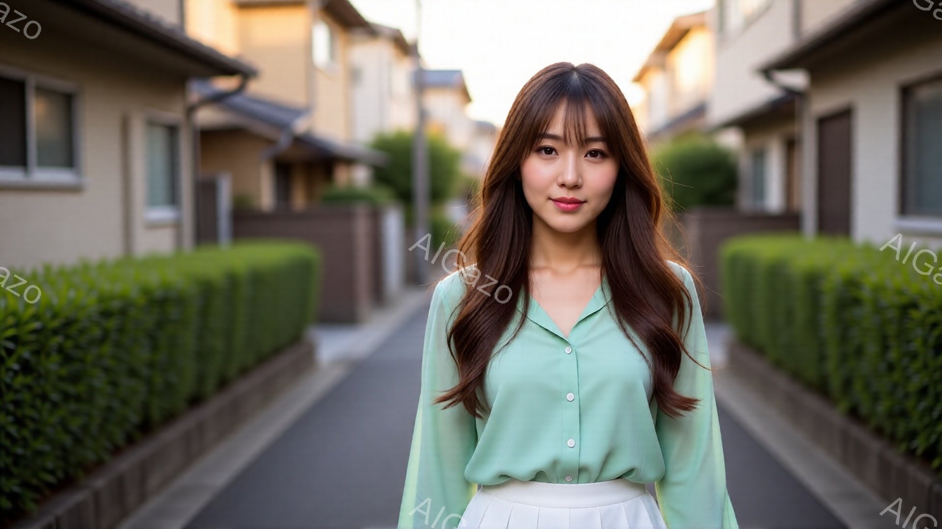 長い茶色の髪をセンターパートにした女性が、薄い緑色のブラウスと白いスカートを着て、道路の中央に立っている。彼女はわずかに微笑み、視線をカメラに向けている。背景には、整然と並んだ住宅と手入れの行き届いた - AI生成フリー素材
